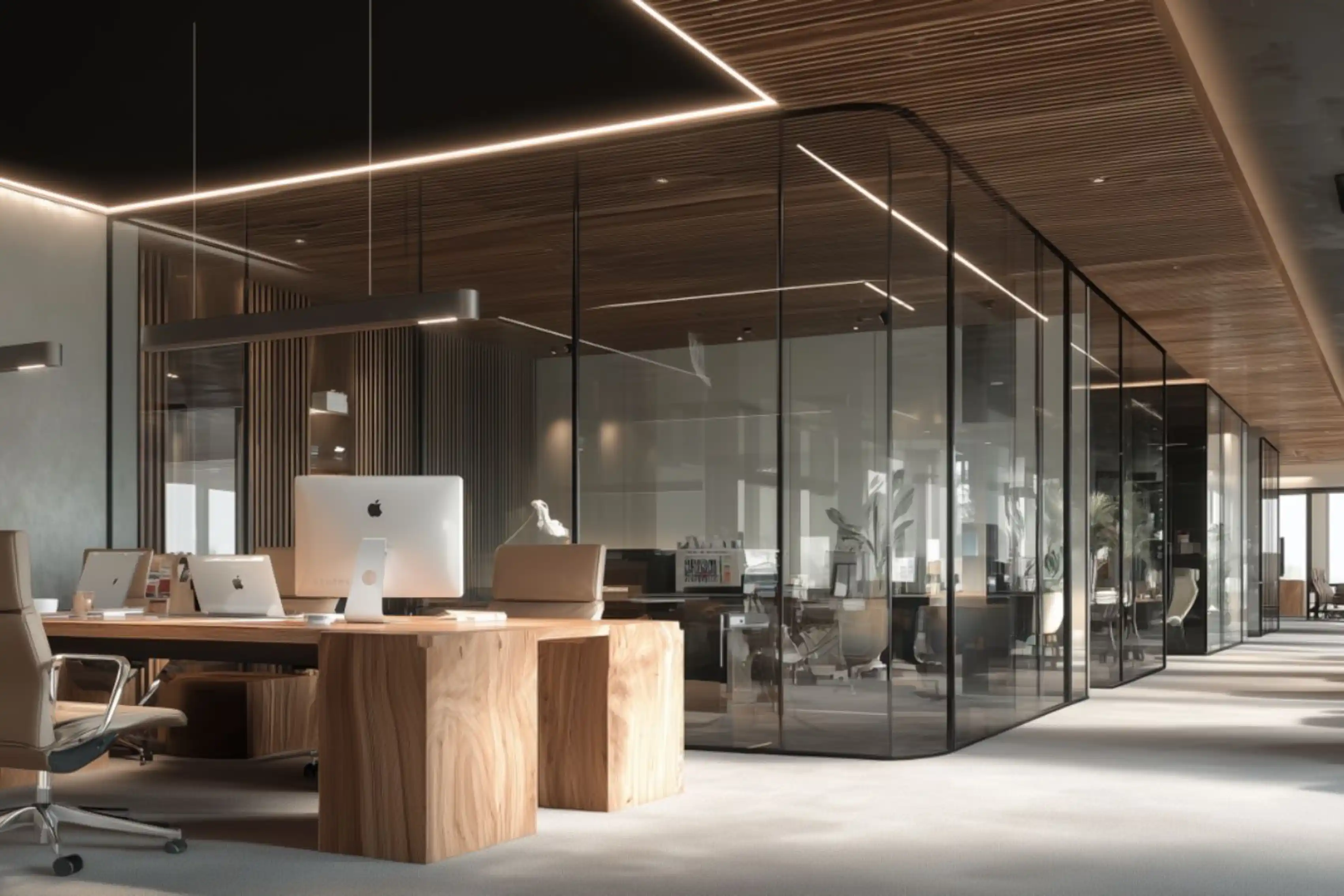 Claure Corporate Project - Executive private office with wood slat ceiling and framed glass walls - Ai Spaces(0).webp